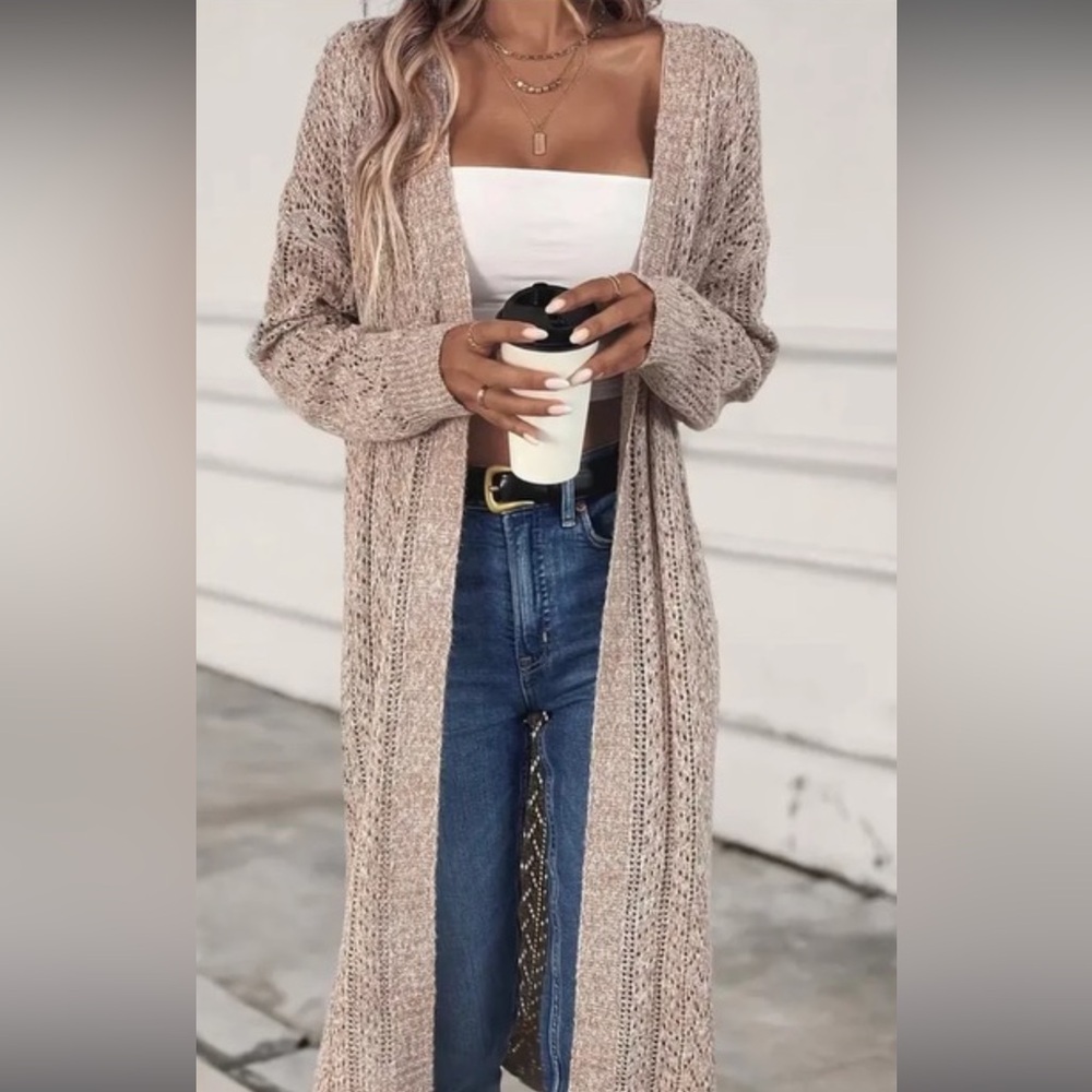 New long sleeve split hem open cardigan sweater